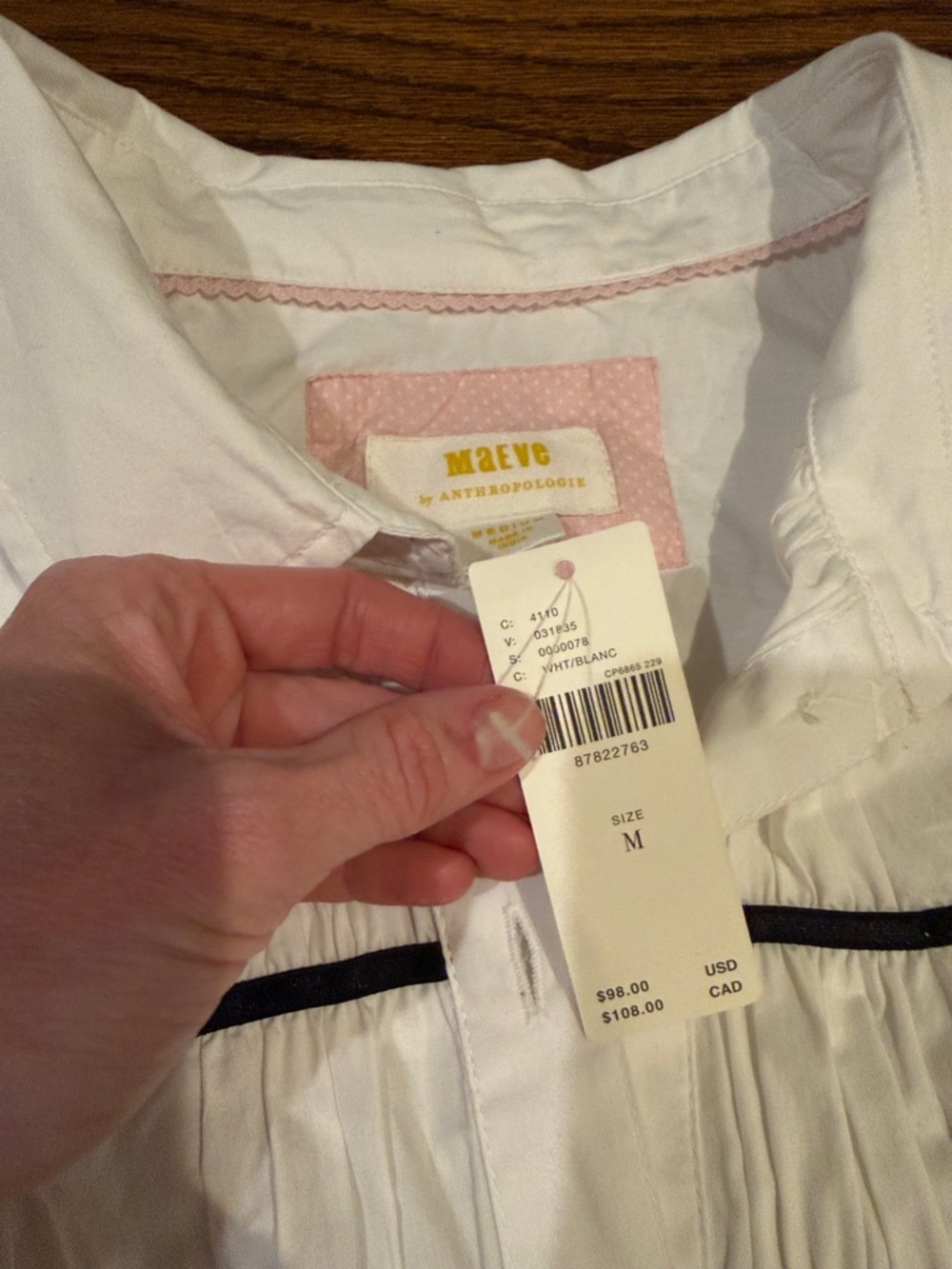 Maeve White Button-Front Blouse with Black Trim - Picture 2 of 4
